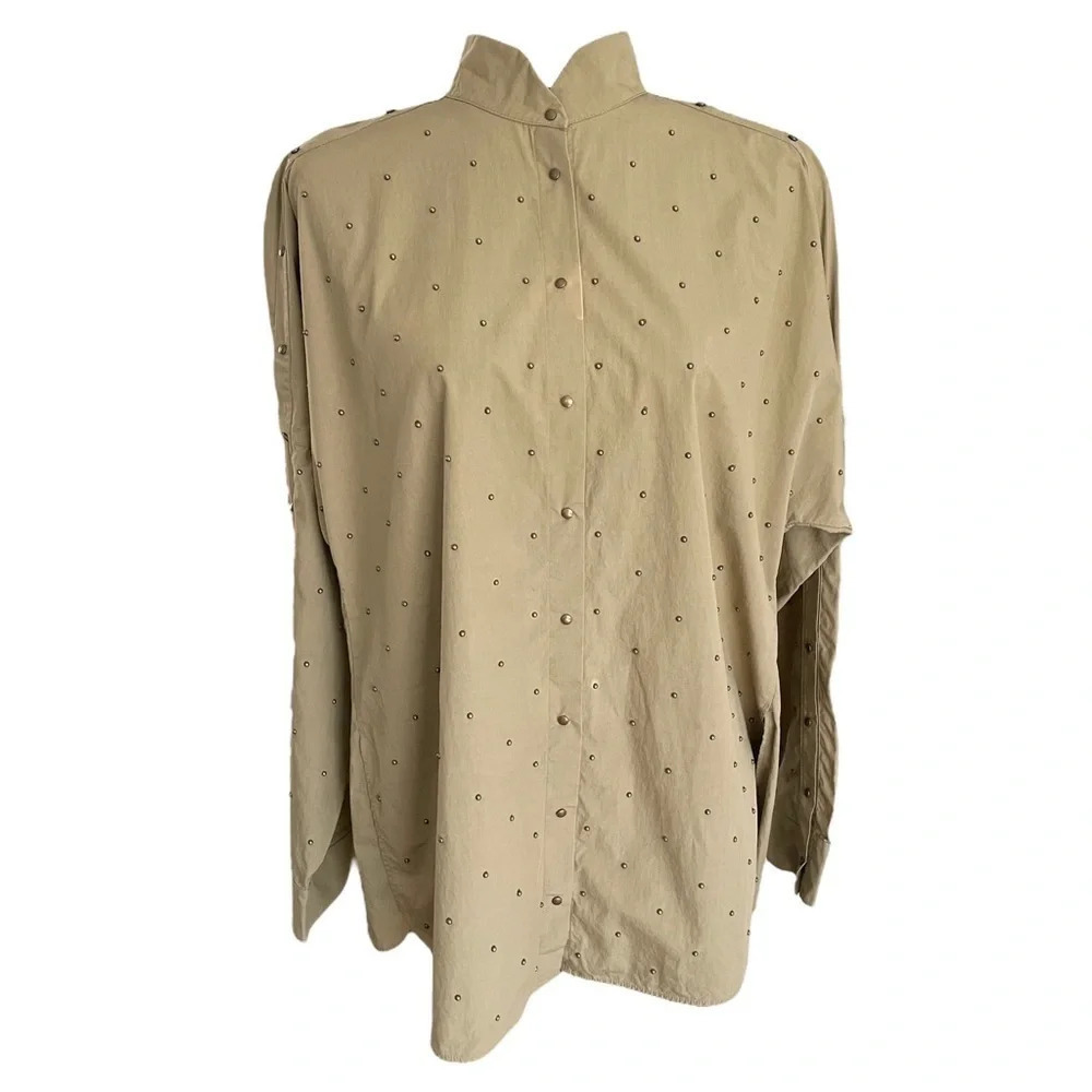 Unique AKRIS Studded Blouse top snap closure front back sleeves